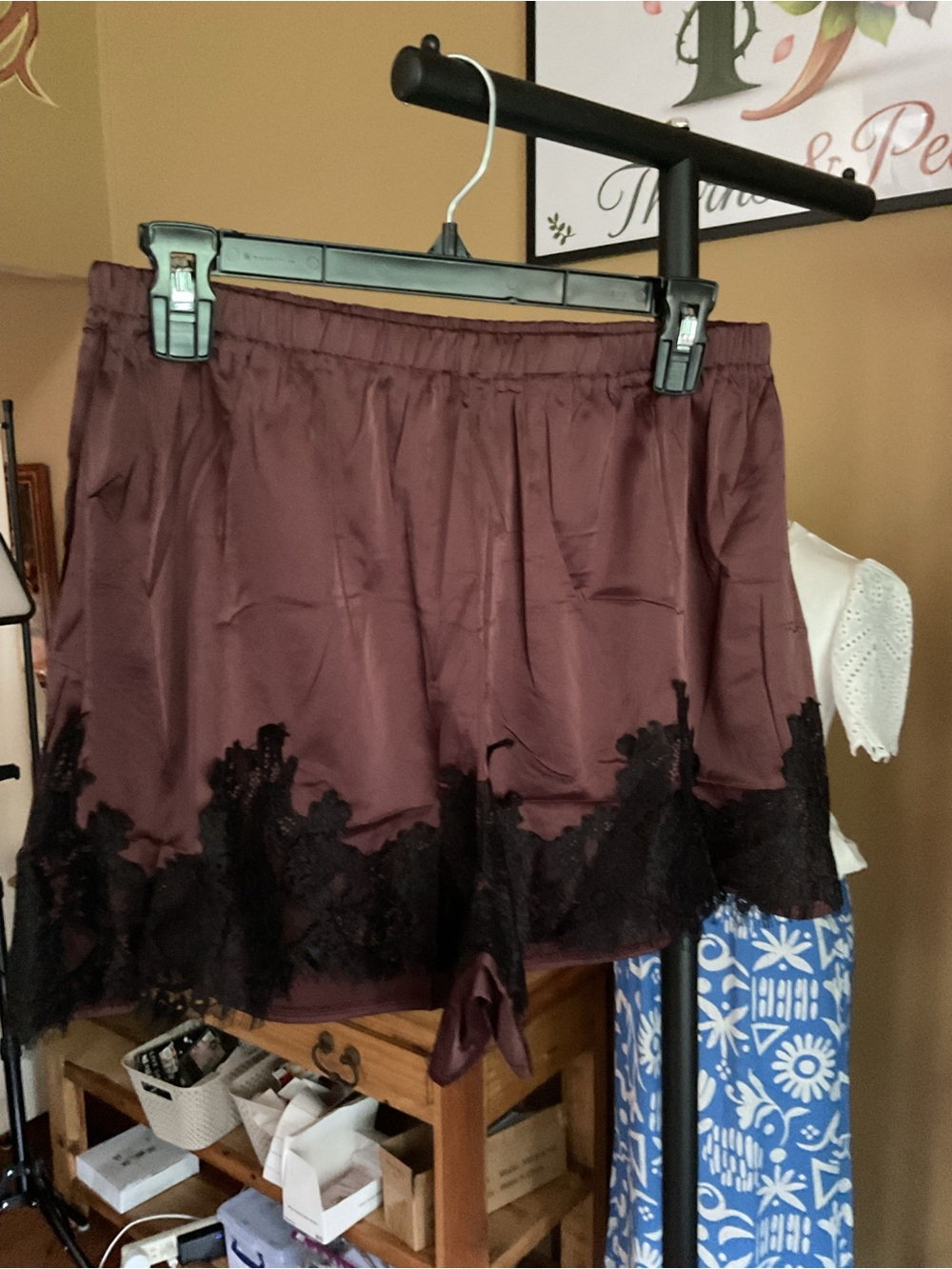 Women's Satin Lace-Trim Shorts in Deep Brown